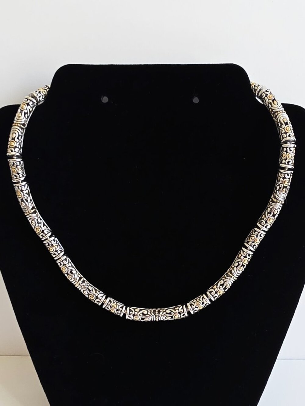 Two Tone Articulated Statement Collar Necklace Ornate Scrollwork